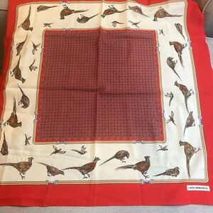 Vintage Laura Borghese Elegant Red and Cream Scarf with Bird Design 29”x29”.